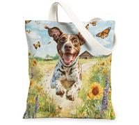 German Shorthaired Pointer Canvas Tote Bag for Shopping 13 * 15, Watercolor Floral Plant Reusable Grocery Shoulder Cloth Bag for Women, Dog Painting Gift Decor