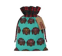 German Shorthaired Pointer In Glasses Print Christmas Party Gift Bags, Linen Drawstring Xmas Holiday Wedding Treat Candy Jewelry Sacks, Color Blocking Plaid Fabric