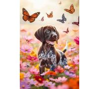 German Shorthaired Pointer Puppy in a field of colorful flowers Notebook - Large 6 x 9 inches - 127 Pages