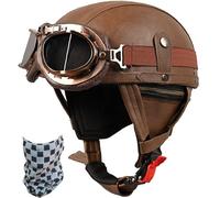 German Style Leather Motorcycle Half Helmet, DOT/ECE Approved Vintage Half Face Helmet with Goggles and Hidden Sun Visor, Half Shell for Cruiser Men and Women