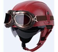 German Style Leather Motorcycle Half Helmet with Goggles ECE Approved Vintage Cap Half Face Shell Motorcycle Helmets for Adults Men Women Cruiser Chopper Red,M
