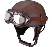German Style Leather Vintage Open Face Half Helmet Street Retro Motorcycle Helmet with Goggles, ECE Approved