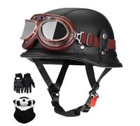 German-Style Motorcycle Half Helmet, Vintage Leather Open Face Helmets with Goggles Mask Gloves, DOT/ECE Approved Adult Men Women Half Helmet, for Chopper Cruiser Bicycle Scooter(Black 2,XL/61-62cm)