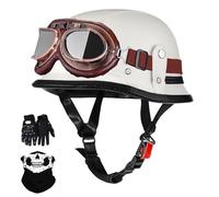 German-Style Motorcycle Half Helmet, Vintage Leather Open Face Helmets with Goggles Mask Gloves, DOT/ECE Approved Adult Men Women Half Helmet, for Chopper Cruiser Bicycle Scooter(White 2,L/59-60cm)