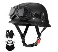 German-Style Motorcycle Half Helmet, Vintage Leather Open Face Helmets with Goggles Mask Gloves, DOT/ECE Approved Adult Men Women Half Helmet, for Chopper Cruiser Bicycle Scooter(Black 1,XL/61-62cm)