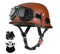 German-Style Motorcycle Half Helmet, Vintage Leather Open Face Helmets with Goggles Mask Gloves, DOT/ECE Approved Adult Men Women Half Helmet, for Chopper Cruiser Bicycle Scooter(Brown 1,XL/61-62cm)