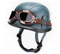German Style Motorcycle Helmet Leather Open Face Helmet for Scooter Street Touring Biker Adult Men Women Retro Novelty Half Shell Helmet W/Pilot Goggles DOT/ECE Approved,Blue A,XL