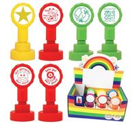 German Teacher Stamp Box Set: Sehr Gut, Wunderbar, Grossartig, Weiter so, Gold Star, Smiley face. 22mm, Self-Inking Stampers