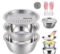 Germany Multifunctional Stainless Steel Basin, 201 Stainless Steel Mixing Bowl Set with Colander & Grater, 3 Metal Nesting Bowls, Rust-Proof and Durable, for Vegetables Fruits(30cm)