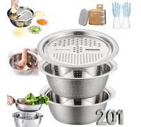 Germany Multifunctional Stainless Steel Basin, 5 in 1 Shredding & Drainage Chopping Basin, for Grater, Slicer, Mincing, Straining, Dough, Beat Eggs, Serving, a Daily Tool(11.02in)