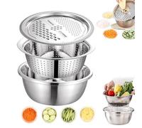 Germany Multifunctional Stainless Steel Basin, Stainless Steel Shredding & Drainage Chopping Basin, 5-in-1 Kitchen Colander Bowl Set,Draining Basket for Vegetables, Fruit(9.45in)