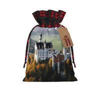 Germany Neuschwanstein Castle Christmas Gift Bags with Tags & Ribbon Ties, Xmas Drawstring Candy Treat Bag Buffalo Plaid Christmas Gifts Sacks Reusable Gift Wrapping Bags for Holiday Party Favors