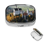 Germany Neuschwanstein Castle Pill Box 2 Compartment Square Portable Pill Case for Pocket or Purse Small Weekly Medicine Planner Travel Pillbox with Mirror Decorative Metal Vitamin Holder Gifts