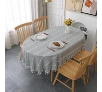 Gernaice Rustic Stripe Embroidered Oval Tablecloth Heavy Tassel Cotton Linen Table Cloth Wrinkle Free Washable Table Cover for Kitchen Dinning Party Holiday Grey 60x102 Inch