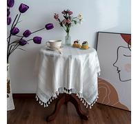 Gernaice Rustic Stripe Embroidered Tablecloth Heavy Small Square Tassel Cotton Linen Table Cloth Wrinkle Free Washable Table Cover for End Bedside Coffee Teapoy Table Tea Trolley White 24x24 Inch