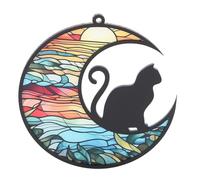 gernie Cat Suncatcher, Cat on Moon Stained Glass Window Hanging, Acrylic Cat Memorial Suncatcher Colorful UV Printed Cat Stained Glass Suncatcher Cat Decor for Cat Lovers Memorial Gift