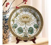 Geroclonup 10.6inch Luxury Antique Gold Border White Lotus Flower Green Leaf Round Melamine Decor Wall Plate Classic Elegant Wall Ornament for Bedroom Living Room Wedding Gift