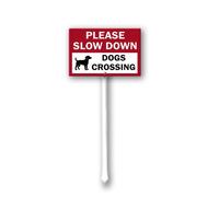 Geroclonup 12x8 Inch Aluminum Please Slow Down Dogs Crossing Sign Stake, Rustproof Wildlife Safety Warning Sign for Residential Street, Yard, Driveway, Weatherproof Outdoor Pet Protection Sign