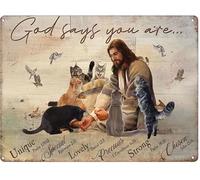 Geroclonup -20x30cm Metal Tin Sign Retro Wall Decor,Jesus - Jesus with Cats - God Says You are - Landscape- Wall Art,Tin Sign Poster Vintage Metal Signs for Bar Music Club Man Cave Room Wall Decor