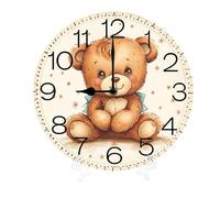 Geroclonup 25cm Cute Teddy Bear Wooden Wall Clock Silent Non-Ticking Battery Operated Wall Clocks, Decorative Battery Operated Handing Clocks for Bathroom, Living Room, Home Office, School
