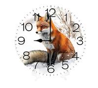 Geroclonup 25cm Home Decor Fox Snow Wall Clock Woodland Forest Bunny Silent Non Ticking PVC Quartz Battery Operated Round Wooden Clock Decor for Living Room, Home, Office