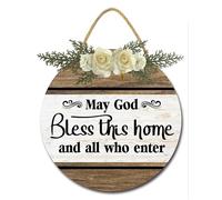 Geroclonup 28 CM May God Bless This Home And All Who Enter Sign for Front Door Porch Wooden Rustic Bible Verse Sign Wall Decor for Home Christian Bedroom Decorations