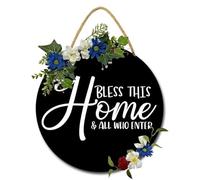 Geroclonup 30cm Bless This Home and All Who Enter Front Door Sign Wooden Christian Wall Decor Welcome Porch Sign Wreath Decoration Hanging for Entryway Porch Front Door