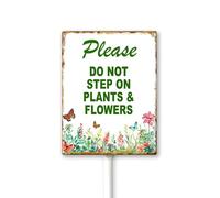 Geroclonup 4.6x6 Inch Please Do Not Step On Plants & Flowers Aluminum Lawn Sign Stand Yard Sign With Metal Stakes Kit Outside Garden Grass Farm Signs Outdoor Decorations