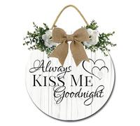 Geroclonup Always Kiss Me Goodnight Sign for Bedroom Wall Decor Farmhouse Bedroom Sign with Wreath Wood Sign for Couples, Love Theme Wall Decor, Bedroom Decor 28cm