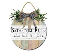 Geroclonup Bathroom Rules Door Sign Funny Wreaths Hanging Wooden Plaque Decoration Round Rustic Wood Farmhouse Porch Decor for Home Front Door Decor 28cm