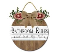 Geroclonup Bathroom Rules Wall Decor Funny Wreaths Hanging Wooden Plaque Decoration Round Rustic Wood Farmhouse Porch Decor for Home Front Door Decor 28cm