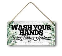 Geroclonup Bathroom Sign Wash Your Hands Ya Filthy Animal Sign Funny Bathroom Wooden Hanging Wall Art Green Plant Wood Plaques for Kitchen Toilet Home Decor 15x30cm
