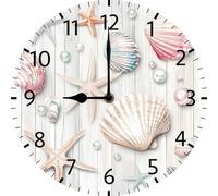 Geroclonup Beach Seashell Wall Clock Coastal Nautical Bathroom Decor Silent Non-Ticking Easy to Read Round Decorative Wall Clock with Black Hands for Home Office Kitchen 25cm