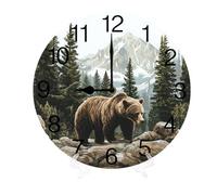 Geroclonup Bear Forest 25cm Silent Non-Ticking Round Wooden Wall Clocks Battery Operated Quartz Analog Handing Clock for Bedroom Bathroom Kitchen Kids Living Room Decor