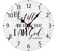 Geroclonup Bible Verse Wall Clock Be Still And Know That I Am God Sign Battery Operated Non Ticking Silent Quartz Analog 30cm Wooden Farmhouse Round Clock for Home Kitchen Living Room