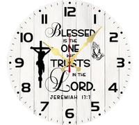 Geroclonup Bible Verse Wall Clock Blessed is the One Who Trusts in the Lord Sign 25cm Wooden Battery Operated Non Ticking Silent Decorative Golden Christian Clocks for Living Room Bedroom Home