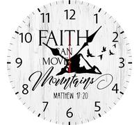 Geroclonup Bible Verse Wall Clock Faith Can Move Mountains Sign Battery Operated Non Ticking Silent Quartz Analog 30cm Wooden Farmhouse Round Clock for Home Kitchen Living Room
