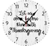 Geroclonup Bible Verse Wall Clock Let Us Come Before Him With Thanksgiving Sign Battery Operated Non Ticking Silent Quartz Analog 30cm Wooden Farmhouse Round Clock for Home Kitchen Living Room