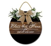 Geroclonup Bless This Home and All Who Enter Sign for Front Door Funny Wreaths Hanging Wooden Plaque Decoration Round Rustic Wood Farmhouse Porch Decor for Home Front Door Decor 28cm
