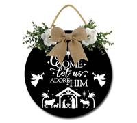 Geroclonup Christmas Door Sign 28cm Oh Come Let Us Adore Him Sign for Front Door Porch Christmas Wreaths Door Hanger Rustic Nativity Scene Religious Sign for Winter Porch Wall Decorations