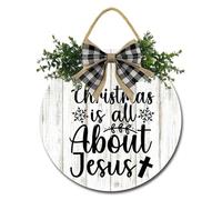 Geroclonup Christmas is All About Jesus Sign for Front Door 30cm Round Wooden Christmas Welcome Wreaths Sign for Holiday Rustic Farmhouse Outdoor Wall Window Decor