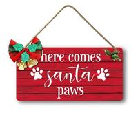 Geroclonup Christmas Sign Christmas Wood Sign Here Comes Santa Paws Sign 15x30cm Christmas Wall Decor Christmas Decorations with Bell Bow for Holiday Home Party