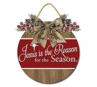 Geroclonup Christmas Wreath Door Sign esus is The Reason for The Season Sign Nativity Scene Sign Bible Religious Christian Sign 28x28cm Rustic Round Wood Christmas Door Sign for Porch Hom
