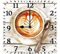 Geroclonup Coffee Bar Wall Decor Coffee Cup Wall Clock Square Wall Clock Silent Non-Ticking Battery Operated Clock 25cm Wood Wall Decor for Living Room Kitchen Bedroom Office