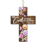 Geroclonup Cross Wall Decor Sign, With God All Things Are Possible Sign Wall Decor, 13x18cm Vintage Farmhouse Religious Scripture Wall Art Hanging Sign for Family Religious Home Decor