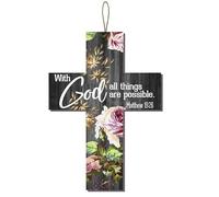 Geroclonup Cross Wall Decor Sign, With God All Things Are Possible Sign Wall Decor, 13x18cm Vintage Farmhouse Religious Scripture Wall Art Hanging Sign for Family Religious Home Decor