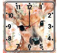 Geroclonup Cute Deer Wall Clock 25cm Wooden Silent Square Clocks Battery Operated Non Ticking Silent Wall Decor for Kitchen Bathroom Bedroom Living Room Home