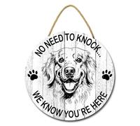 Geroclonup Dog Door Sign No Need to Knock We Know You're Here Sign for Front Door Round Wooden Hanging Plaque Sign Beware of Dog Golden Retriever Sign for Porch Yard 28cm