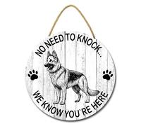 Geroclonup Dog Door Sign No Need to Knock We Know You're Here Sign for Front Door Round Wooden Hanging Plaque Sign Beware of Dog German Shepherd Sign for Porch Yard 28cm
