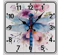 Geroclonup Dragonfly Wall Clock 25cm Square Wooden Silent Non-Ticking Battery Operated Clocks Large Numbers Easy to Read for Living Room, Kitchen, Bedroom